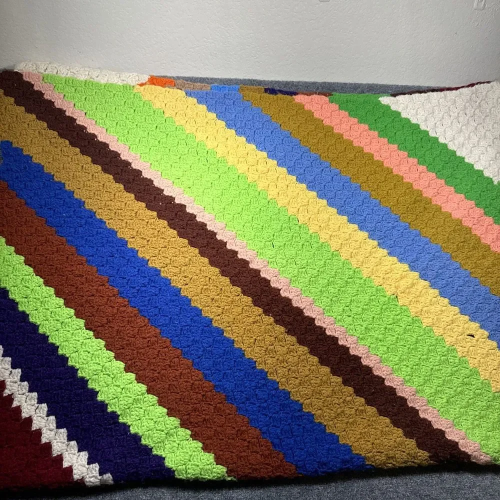 Knit‎ Afghan Blanket Throw 75X 53 Multi Color Stripes Striped Hand Made Granny